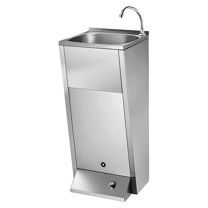 Delabie Waschbecken Delabie WT SXL bodenst. Hl. D 22 mm re. Edst. 1.4301 satiniert - B x L: 40,5 x 40,5 cm, Ohne Überlauf, Edelstahl - Edelstahl-Handwaschbecken mit integriertem Waschbecken und fußbetätigtem Wasserhahn.