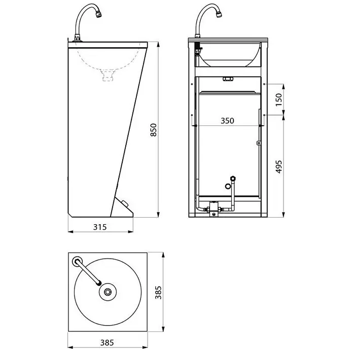 Delabie Waschbecken Delabie WT SXL bodenst. Hl. D 22 mm re. Edst. 1.4301 satiniert - B x L: 40,5 x 40,5 cm, Ohne Überlauf, Edelstahl - Technische Zeichnung eines rechteckigen Waschbeckenschranks mit integriertem Waschbecken und Wasserhahn, mit detaillierten Maßen.