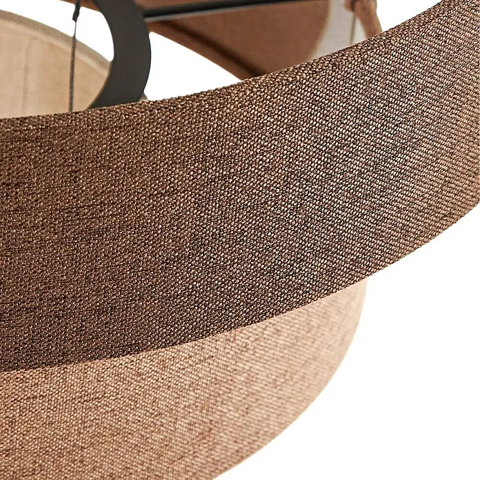 Lucande Pendelleuchte Peldano - braun / rost, beige, braun - Nahaufnahme eines zweifarbigen Stofflampenschirms in Braun und Beige mit strukturierter Webart.