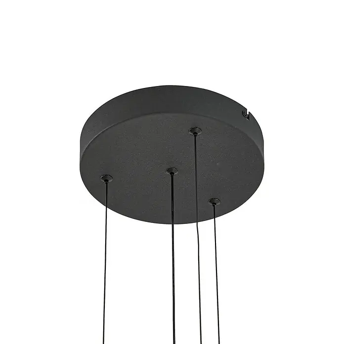Lucande Pendelleuchte Peldano - braun / rost, beige, braun - Schwarze, runde Deckenrosette mit strukturierter Oberfläche, die vier schwarze Kabel für Pendelleuchten aufhängt.