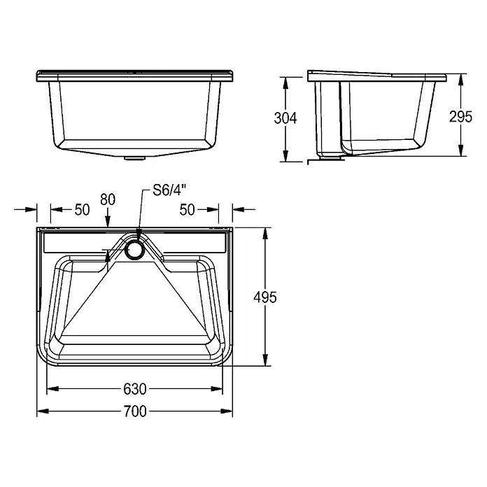 KWC Waschbecken KWC AR Mehrzweckbecken, SIRIUS, GFK, 700x320x495 mm, decorgrau - B x L: 35 x 72 cm, Hahnloch: Ohne, Edelstahl - Technische Zeichnung eines Spülbeckens mit Draufsicht, Vorder- und Seitenansicht. Gesamtmaße: 700x495mm, Höhen 304/295mm, S6/4" Ablauf.