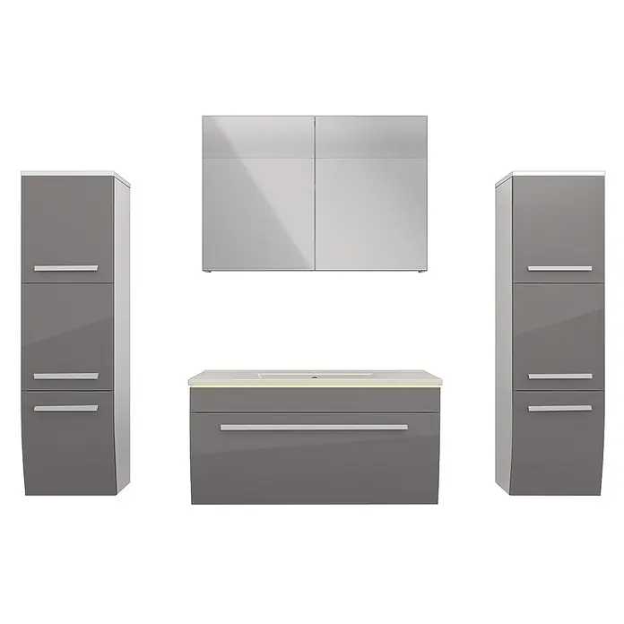 AcquaVapore Badmöbel-Set Fertigdusche Gently-3-B080-V3-F0102-LED -  - Graue Hochglanz-Badmöbelgarnitur mit beleuchtetem Waschtisch, Wandschrank und zwei Hochschränken.