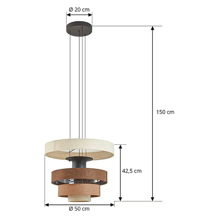 Lucande Pendelleuchte Peldano - braun / rost, beige, braun - Mehrschichtige Stoff-Pendelleuchte, 150 cm hoch, mit beigen und braunen Schirmen, 50 cm Durchmesser.