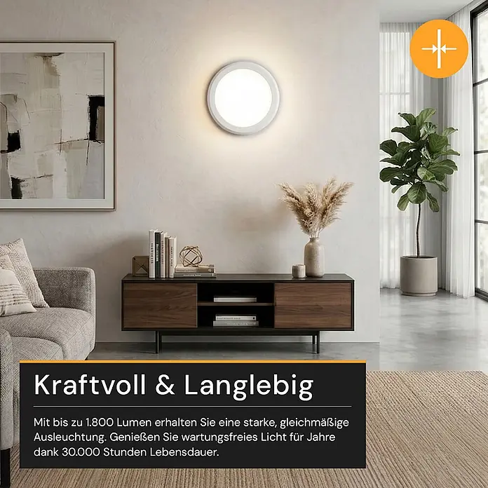 Enovalite LED-Deckenleuchte rund - 18 W, Ø x H: 21,5 x 1,95 cm, Weiß, Weiß, Mehrfarbig - Runde LED-Wand- oder Deckenleuchte in einem modernen Wohnzimmer montiert.