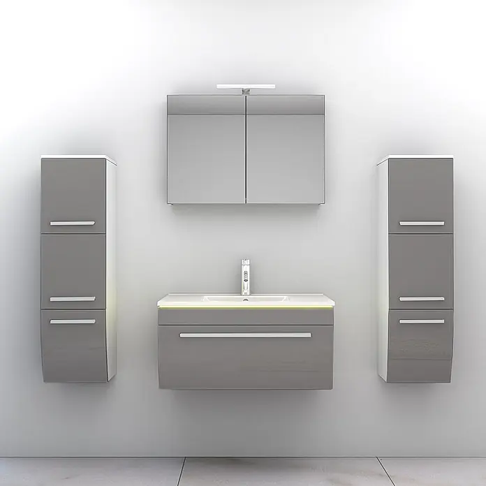 AcquaVapore Badmöbel-Set Fertigdusche Gently-3-B080-V3-F0102-LED -  - Modernes Badmöbel-Set in Grau-Weiß: Waschtischunterschrank, zwei Hochschränke und beleuchteter Spiegelschrank.