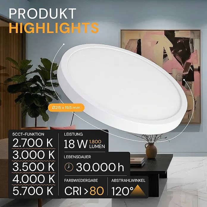 Enovalite LED-Deckenleuchte rund - 18 W, Ø x H: 21,5 x 1,95 cm, Weiß, Weiß, Mehrfarbig - Dünne, runde weiße LED-Lichtplatte, schräg in einem modernen Raum platziert.