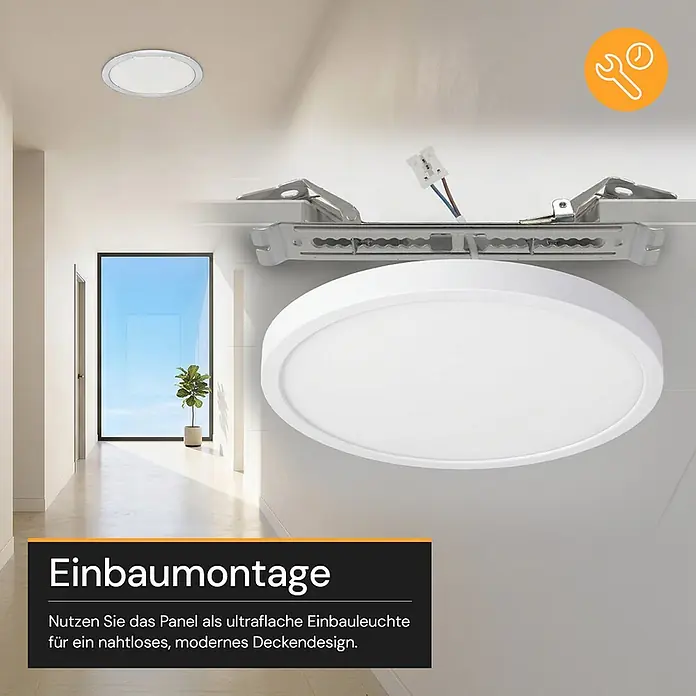 Enovalite LED-Deckenleuchte rund - 18 W, Ø x H: 21,5 x 1,95 cm, Weiß, Weiß, Mehrfarbig - Weißes, rundes LED-Panel bei der Einbaumontage an der Decke, mit sichtbarem Befestigungsmechanismus.