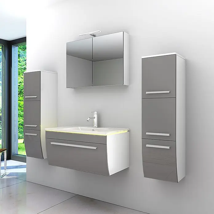 AcquaVapore Badmöbel-Set Fertigdusche Gently-3-B080-V3-F0102-LED -  - Modernes wandmontiertes Badmöbelset in Grau-Weiß Hochglanz mit Waschtisch, Spiegel- und Hochschränken.