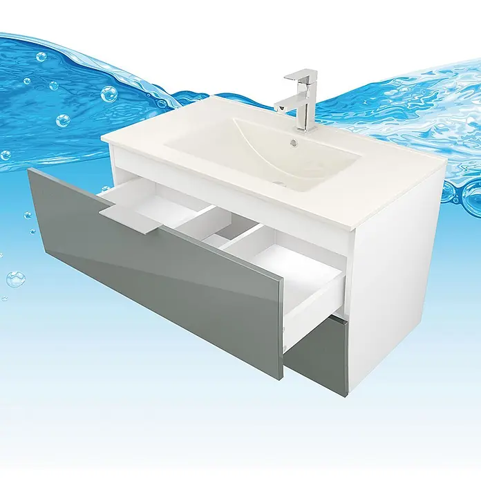 AcquaVapore Badmöbel-Set Fertigdusche Gently-2-B080-V1-F0102 -  - Weißer Waschtisch mit integriertem Waschbecken, Chromarmatur und grauen Schubladenfronten, eine Schublade offen.