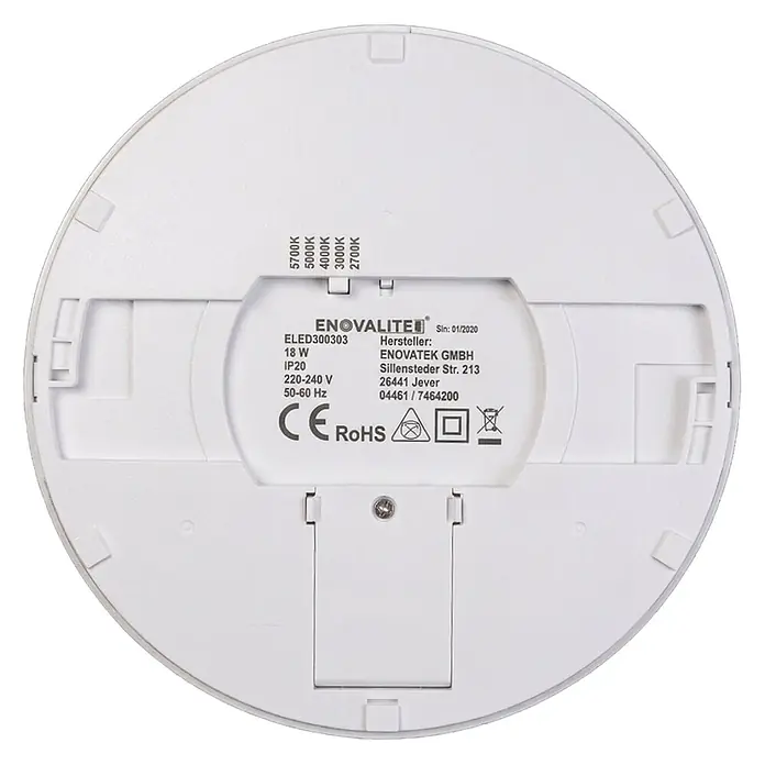 Enovalite LED-Deckenleuchte rund - 18 W, Ø x H: 21,5 x 1,95 cm, Weiß, Weiß, Mehrfarbig - Runde, weiße LED-Leuchte (Rückseite) mit technischem Etikett, das Modell, Leistung, Spannung, IP-Schutzart und Herstellerdetails zeigt.