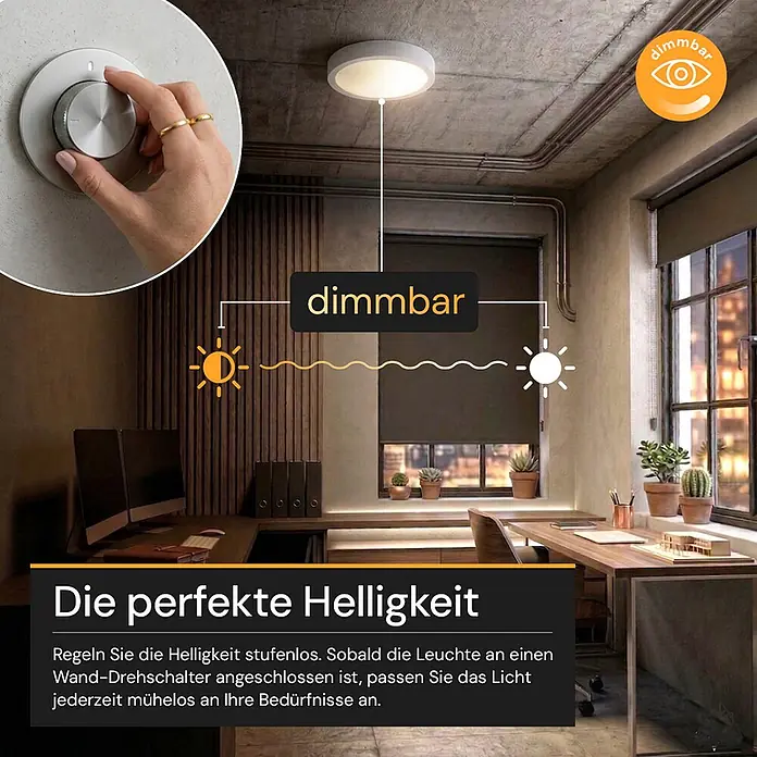Enovalite LED-Deckenleuchte rund - 18 W, Ø x H: 21,5 x 1,95 cm, Weiß, Weiß, Mehrfarbig - Dimmbare runde Deckenleuchte in einem Büro, über einen Wand-Drehschalter zur Helligkeitsanpassung gesteuert.