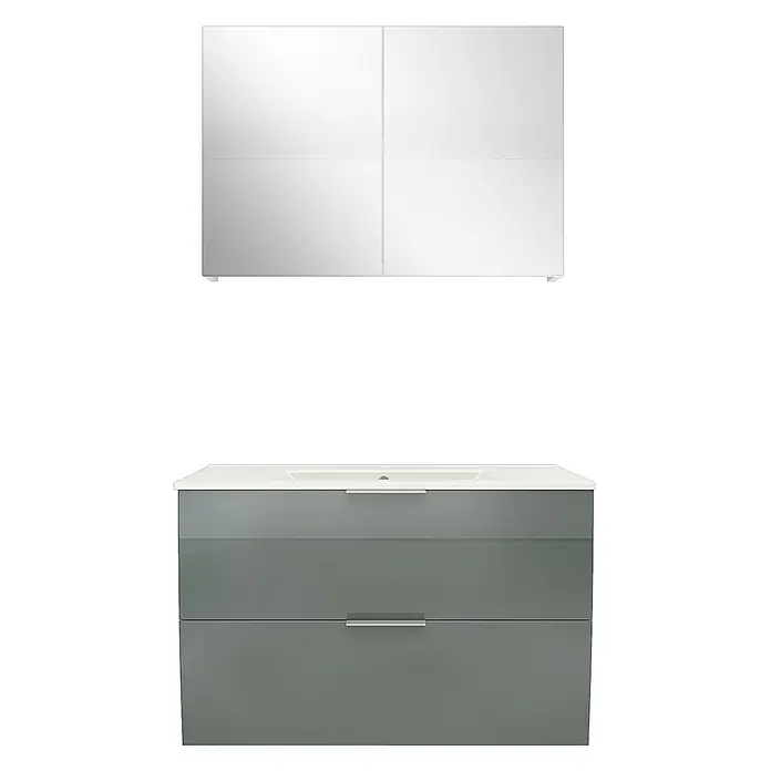 AcquaVapore Badmöbel-Set Fertigdusche Gently-2-B080-V1-F0102 -  - Moderne dunkelgraue Waschtisch-Unterschrank mit weißem Waschbecken und Spiegelschrank darüber.