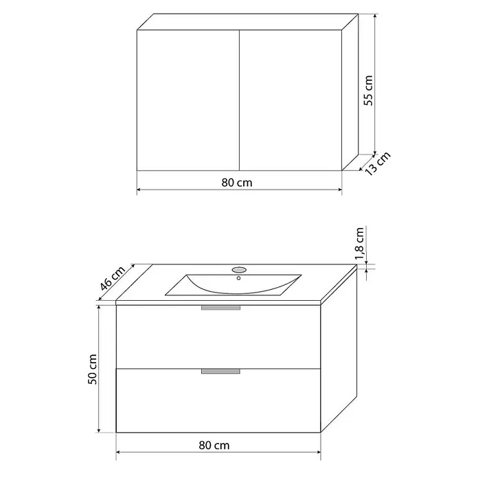 AcquaVapore Badmöbel-Set Fertigdusche Gently-2-B080-V1-F0102 -  - Weißer Badunterschrank mit integriertem Waschbecken und zwei Schubladen, dazu ein passender Wandschrank mit zwei Türen.