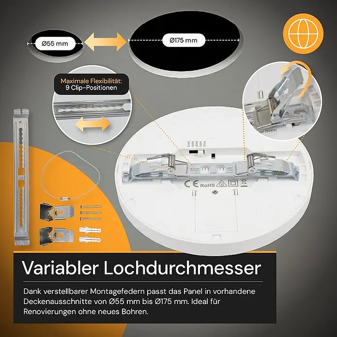 Enovalite LED-Deckenleuchte rund - 18 W, Ø x H: 21,5 x 1,95 cm, Weiß, Weiß, Mehrfarbig - Weißes LED-Panel mit verstellbaren Montagefedern für variable Lochdurchmesser (Ø55-175mm).