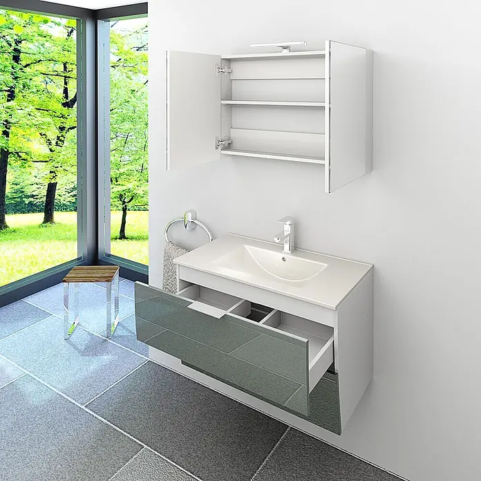 AcquaVapore Badmöbel-Set Fertigdusche Gently-2-B080-V1-F0102 -  - Weißer Waschtisch mit grauen Schubladen und passendem weißen Wandschrank.