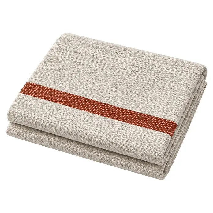 Manta para sofá multiusos - 130 x 170 cm, Textil, Crudo-Caldera - Toalla de lino beige claro doblada con una raya marrón.
