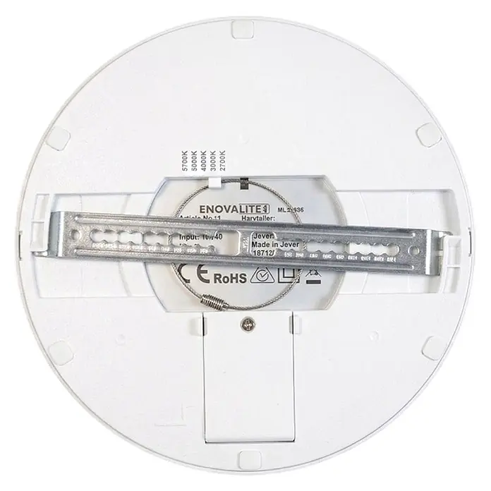 Enovalite LED-Deckenleuchte rund - 18 W, Ø x H: 21,5 x 1,95 cm, Weiß, Weiß, Mehrfarbig - Rückseite einer weißen runden LED-Deckenleuchte mit silberner Montagehalterung und Produktetiketten.