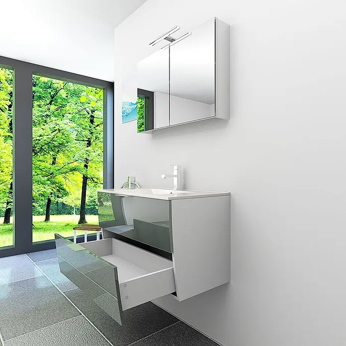 AcquaVapore Badmöbel-Set Fertigdusche Gently-2-B080-V1-F0102 -  - Schwebender Badunterschrank mit glänzend grauen Schubladen, weißem Waschbecken und Wandspiegelschrank mit Beleuchtung.