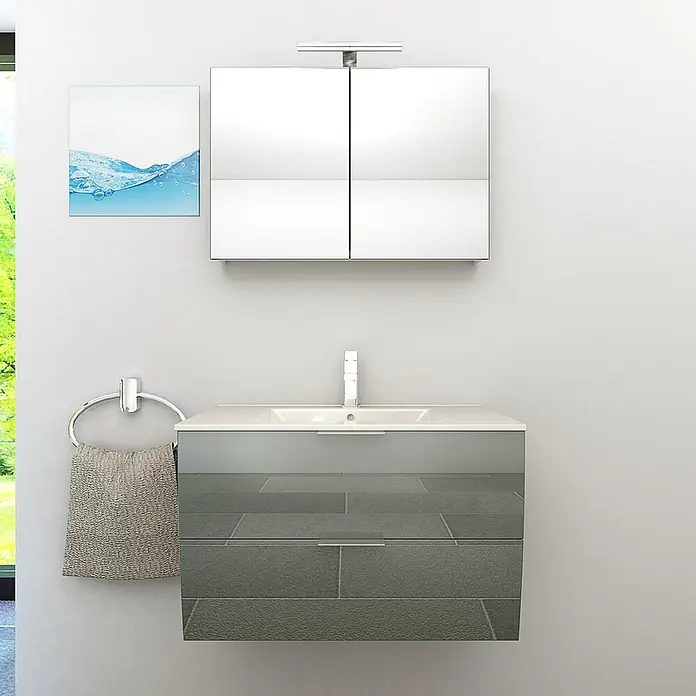 AcquaVapore Badmöbel-Set Fertigdusche Gently-2-B080-V1-F0102 -  - Wandmontierter grauer Badezimmerschrank mit weißem Waschbecken, Spiegelschrank, Licht und Handtuchring.