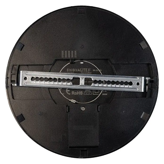 Enovalite LED-Deckenleuchte rund - 18 W, Ø x H: 21,5 x 1,95 cm, Schwarz, Schwarz, Mehrfarbig - Rückseite einer schwarzen, runden ENOVALITE LED-Leuchte mit silberner Montagehalterung und Farbtemperatureinstellungen.