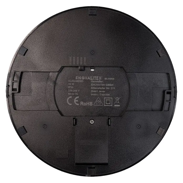 Enovalite LED-Deckenleuchte rund - 18 W, Ø x H: 21,5 x 1,95 cm, Schwarz, Schwarz, Mehrfarbig - Rückseite einer schwarzen, runden LED-Leuchte mit technischen Daten wie Wattzahl, Spannung und Farbtemperaturangaben.