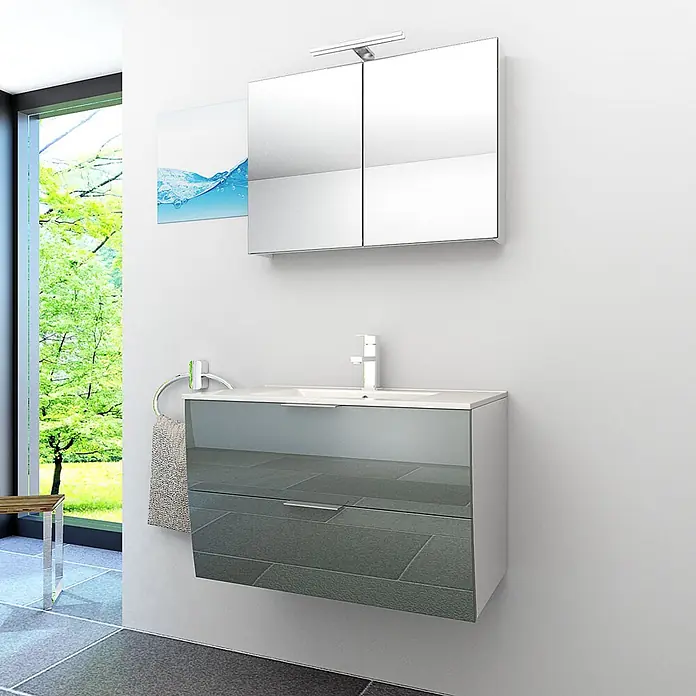 AcquaVapore Badmöbel-Set Fertigdusche Gently-2-B080-V1-F0102 -  - Moderne wandmontierte Badmöbel mit weißem Waschbecken, glänzenden anthrazitfarbenen Schubladen und Spiegelschrank mit Beleuchtung.