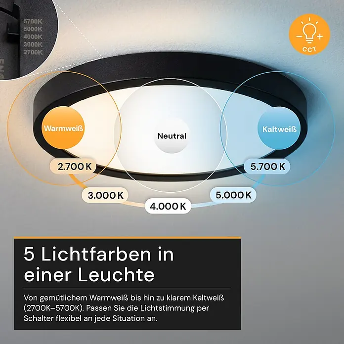 Enovalite LED-Deckenleuchte rund - 18 W, Ø x H: 21,5 x 1,95 cm, Schwarz, Schwarz, Mehrfarbig - Runde, schwarze Deckenleuchte mit weißem Diffusor, zeigt einstellbare Farbtemperaturen von warmweiß bis kaltweiß (2700K-5700K).