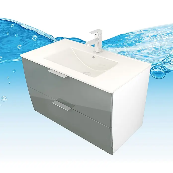 AcquaVapore Badmöbel-Set Fertigdusche Gently-2-B080-V1-F0102 -  - Weißer Waschtisch mit grauem Unterschrank (zwei Schubladen) und Chromarmatur, vor blauem Wasserhintergrund.