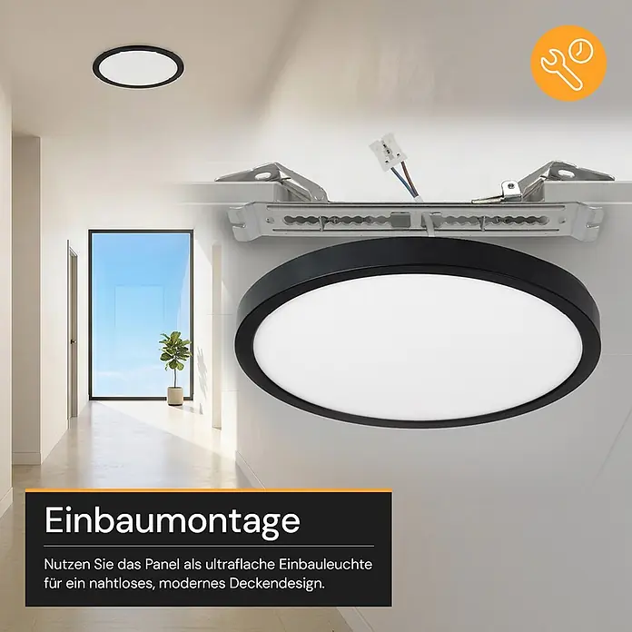 Enovalite LED-Deckenleuchte rund - 18 W, Ø x H: 21,5 x 1,95 cm, Schwarz, Schwarz, Mehrfarbig - Schwarz gerahmte, runde LED-Einbauleuchte, flach in einer Decke installiert und mit Montagesystem gezeigt. Ideal für modernes Deckendesign.