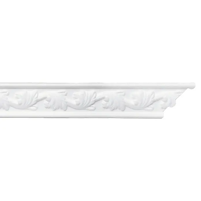 Zierprofil Prestige Cosa-F - 2 m x 3 cm x 3 cm, Expandiertes Polystyrol (EPS) - Weiße Zierleiste mit Blattmuster. Die Stuckprofile sind ideal, um jedem Raum ein elegantes und raffiniertes Aussehen zu verleihen.