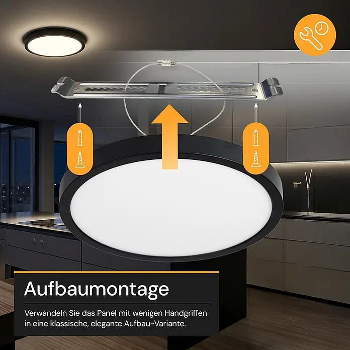Enovalite LED-Deckenleuchte rund - 18 W, Ø x H: 21,5 x 1,95 cm, Schwarz, Schwarz, Mehrfarbig - Runde schwarze LED-Deckenleuchte wird in einer modernen Küche aufbauinstalliert, betont ihr elegantes Design und die einfache Montage.