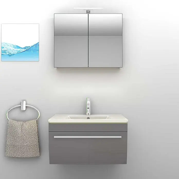 AcquaVapore Badmöbel-Set Fertigdusche Gently-3-B070-V1-F0102-LED-EBox - Gesamtbreite Badmöbel: 46 cm - Grauer Badschrank mit weißem Waschbecken, Chromarmatur, Spiegelschrank und Handtuchring.