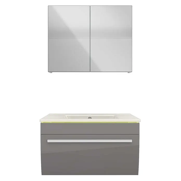 AcquaVapore Badmöbel-Set Fertigdusche Gently-3-B070-V1-F0102-LED-EBox - Gesamtbreite Badmöbel: 46 cm - Modernes Badmöbelset mit zweitürigem Spiegelschrank und schwebendem grauen Hochglanz-Waschtischunterschrank mit integrierter LED-Beleuchtung.