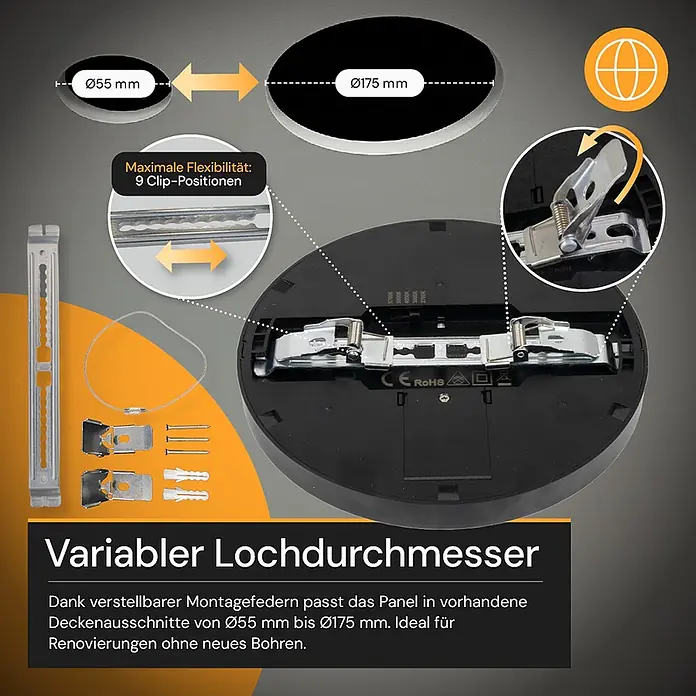 Enovalite LED-Deckenleuchte rund - 18 W, Ø x H: 21,5 x 1,95 cm, Schwarz, Schwarz, Mehrfarbig - Rundes LED-Panel mit verstellbaren Montagefedern für Lochausschnitte von 55mm bis 175mm, ideal für Renovierungen.