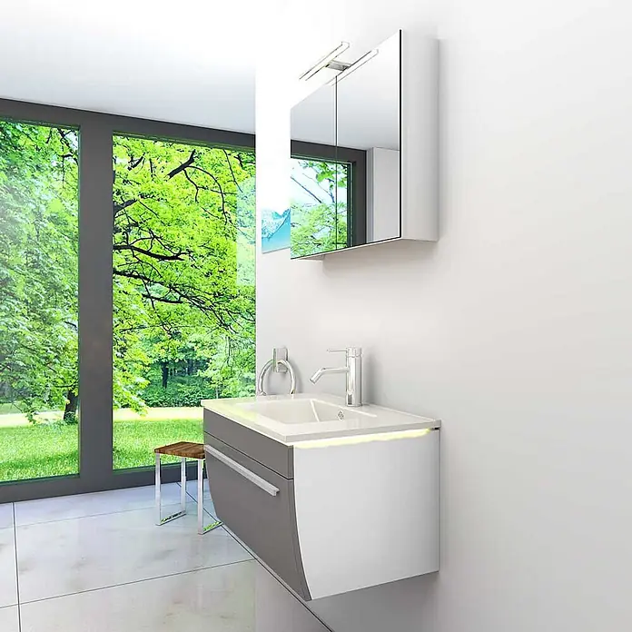 AcquaVapore Badmöbel-Set Fertigdusche Gently-3-B070-V1-F0102-LED-EBox - Gesamtbreite Badmöbel: 46 cm - Moderner weiß-grauer Badschrank mit Waschbecken, integrierter Beleuchtung und passendem Spiegelschrank, in einem hellen Badezimmer.