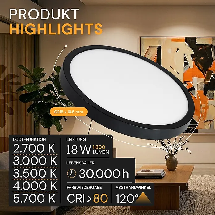 Enovalite LED-Deckenleuchte rund - 18 W, Ø x H: 21,5 x 1,95 cm, Schwarz, Schwarz, Mehrfarbig - Rundes, schwarz gerahmtes LED-Lichtpanel mit weißem Diffusor, das Produktmerkmale in einem modernen Raum zeigt.