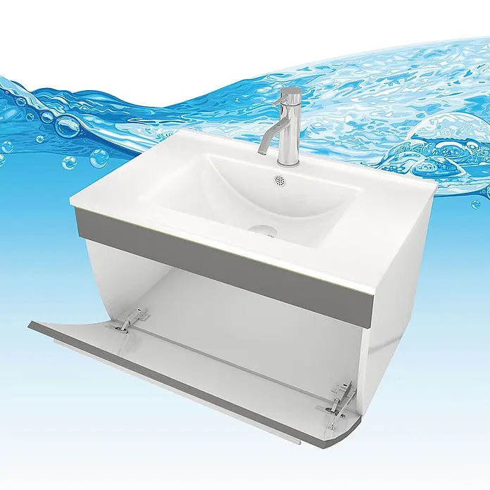AcquaVapore Badmöbel-Set Fertigdusche Gently-3-B070-V1-F0102-LED-EBox - Gesamtbreite Badmöbel: 46 cm - Weiße wandmontierte Badmöbel mit integriertem Waschbecken, Chromarmatur und geöffneter Unterschranktür.