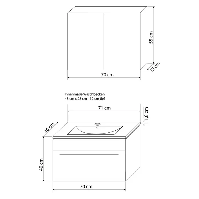 AcquaVapore Badmöbel-Set Fertigdusche Gently-3-B070-V1-F0102-LED-EBox - Gesamtbreite Badmöbel: 46 cm - Weißer Waschtischunterschrank mit integriertem Waschbecken und passendem Wandschrank, mit Maßen.