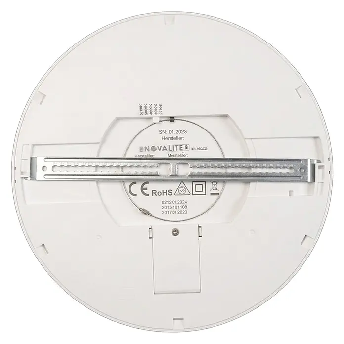 Enovalite LED-Deckenleuchte rund - 24 W, Ø x H: 29 x 1,95 cm, Weiß, Weiß, Mehrfarbig - Weiße, runde LED-Deckenleuchte von hinten, mit Metallhalterung und Produktetiketten samt Zertifizierungen.