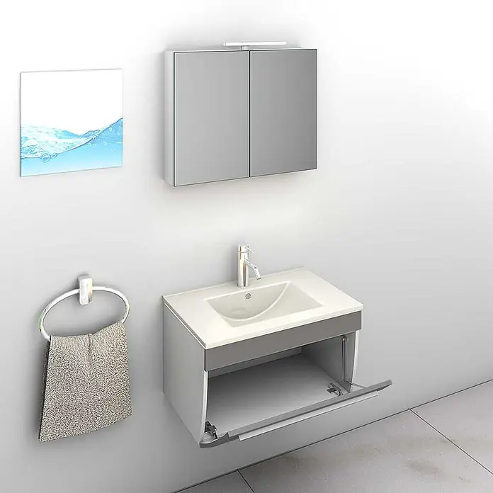 AcquaVapore Badmöbel-Set Fertigdusche Gently-3-B070-V1-F0102-LED-EBox - Gesamtbreite Badmöbel: 46 cm - Wandhängender weiß-grauer Badunterschrank mit integriertem Waschbecken, Chromarmatur und offenem Stauraum. Passender Spiegelschrank darüber.