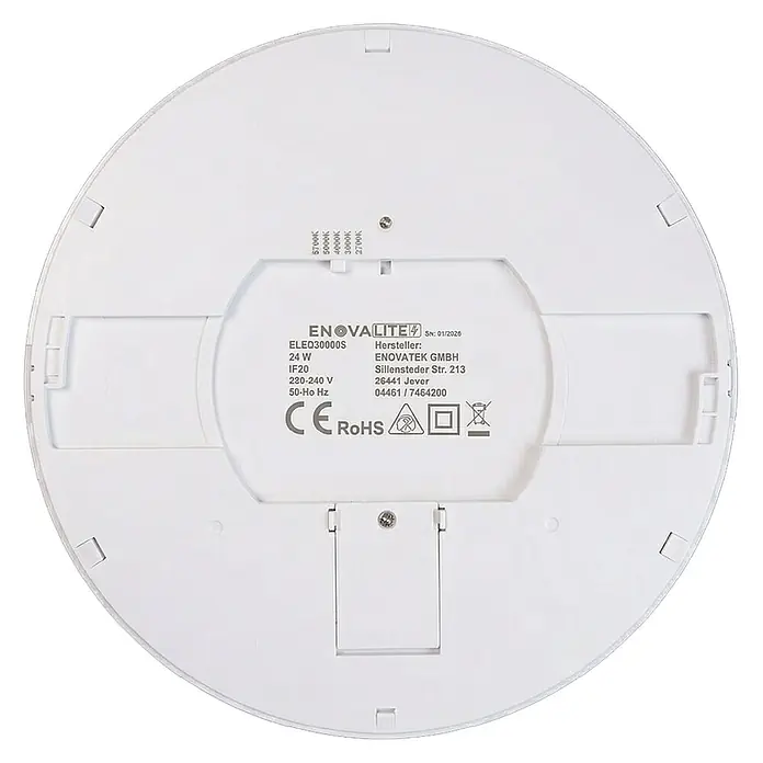 Enovalite LED-Deckenleuchte rund - 24 W, Ø x H: 29 x 1,95 cm, Weiß, Weiß, Mehrfarbig - Rückseite einer weißen runden LED-Deckenleuchte mit technischen Spezifikationen und Montageelementen.