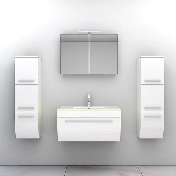 AcquaVapore Badmöbel-Set Fertigdusche Gently-3-B080-V3-F01 -  - Weißes Hochglanz-Badmöbelset: Waschtisch mit Waschbecken, Spiegelschrank und zwei Hochschränken.
