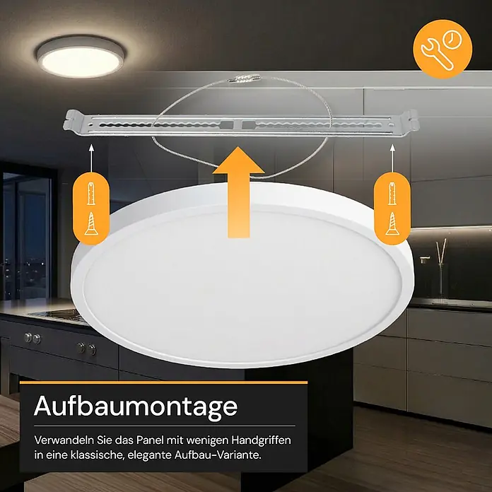 Enovalite LED-Deckenleuchte rund - 24 W, Ø x H: 29 x 1,95 cm, Weiß, Weiß, Mehrfarbig - Rundes weißes LED-Panel mit Montagehalterung und Sicherungsseil an einer modernen Küchendecke.