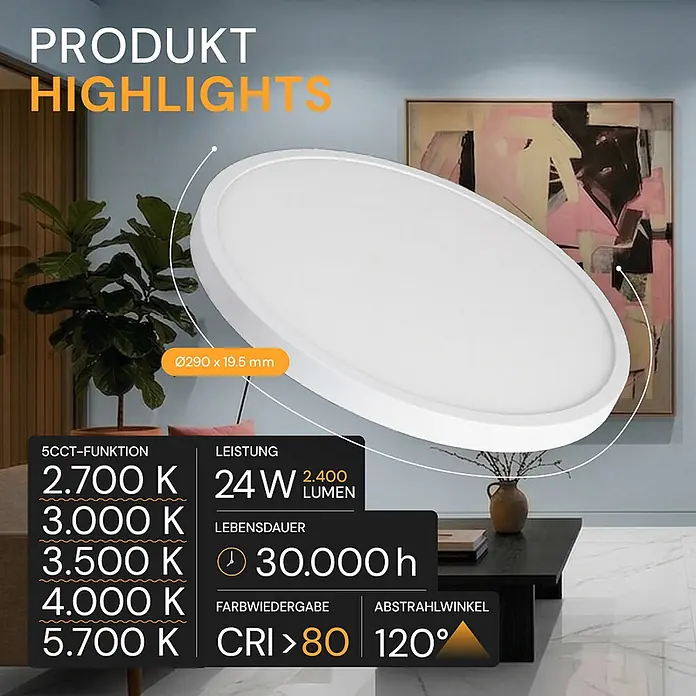 Enovalite LED-Deckenleuchte rund - 24 W, Ø x H: 29 x 1,95 cm, Weiß, Weiß, Mehrfarbig - Weißes, rundes LED-Panel mit wählbarer Farbtemperatur und 24W Leistung.