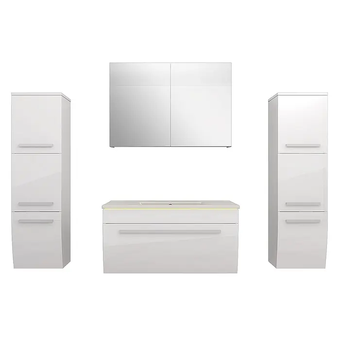 AcquaVapore Badmöbel-Set Fertigdusche Gently-3-B080-V3-F01 -  - Weißes Hochglanz Badmöbelset mit Waschtisch, integriertem Waschbecken, LED-Beleuchtung, Spiegelschrank und zwei Hochschränken.