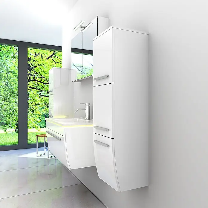 AcquaVapore Badmöbel-Set Fertigdusche Gently-3-B080-V3-F01 -  - Moderner weißer Hochglanz-Badmöbelsatz mit wandhängendem Waschtisch, Waschbecken, Spiegel und Hochschrank.