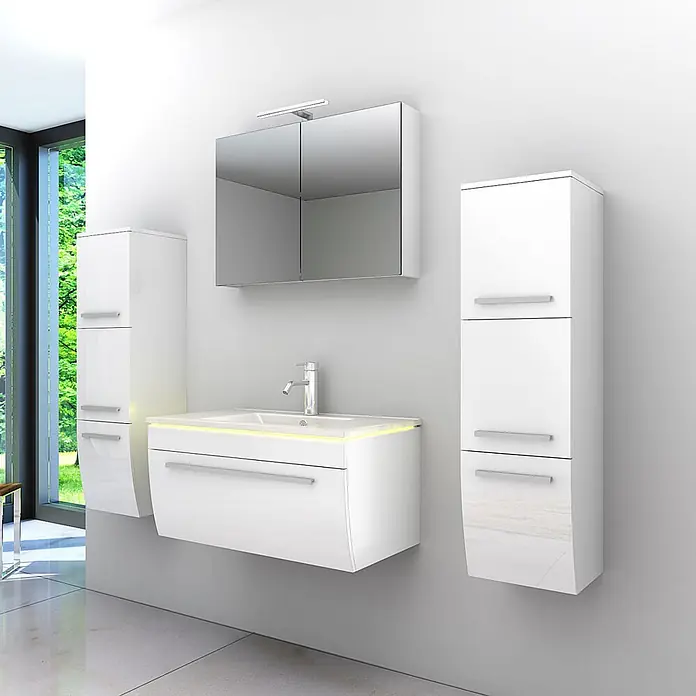 AcquaVapore Badmöbel-Set Fertigdusche Gently-3-B080-V3-F01 -  - Moderne, weiße Hochglanz-Badmöbelgarnitur mit wandmontiertem Waschtisch, LED-Beleuchtung, Spiegelschrank und Hochschränken im Bad.