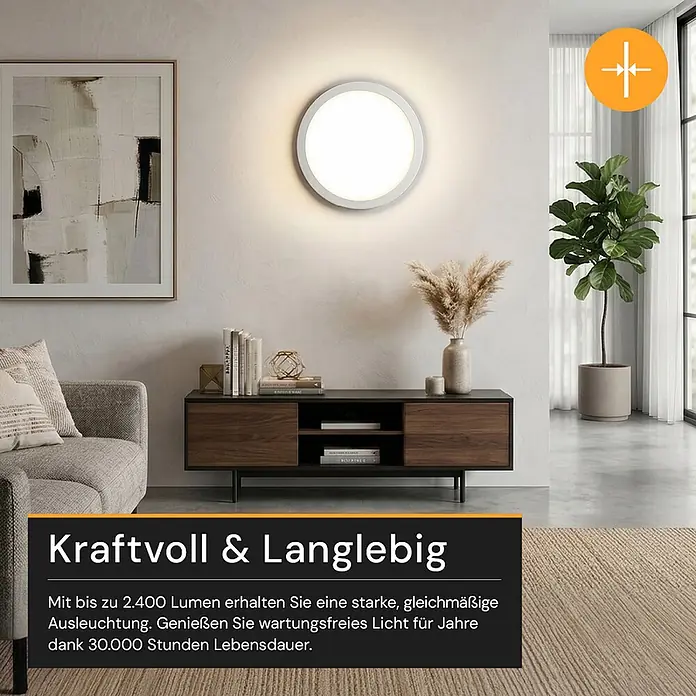 Enovalite LED-Deckenleuchte rund - 24 W, Ø x H: 29 x 1,95 cm, Weiß, Weiß, Mehrfarbig - Rundes weißes LED-Wandlicht an Wohnzimmerwand über einem Sideboard montiert.