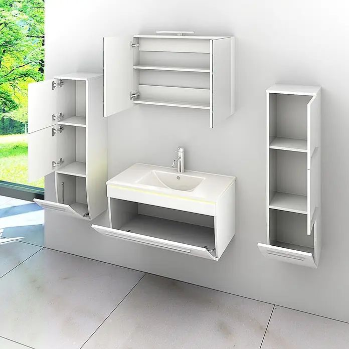 AcquaVapore Badmöbel-Set Fertigdusche Gently-3-B080-V3-F01 -  - Weißes wandmontiertes Badmöbelset mit Waschbeckenunterschrank, Spiegelschrank und hohen Seitenschränken.