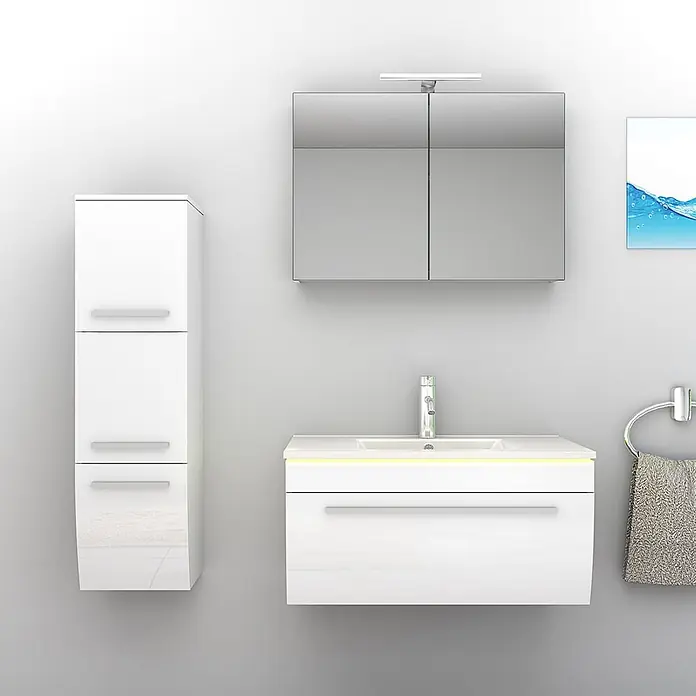 AcquaVapore Badmöbel-Set Fertigdusche Gently-3-B080-V2-L-F01-LED -  - Weißes hochglänzendes Badmöbelset: wandhängender Waschtisch, Hochschrank und Spiegelschrank mit Beleuchtung.